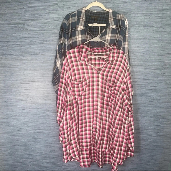 Set of 2 Lane Bryant Blue and Pink Casual V Neck Button Down Plaid Flannels - Picture 1 of 10